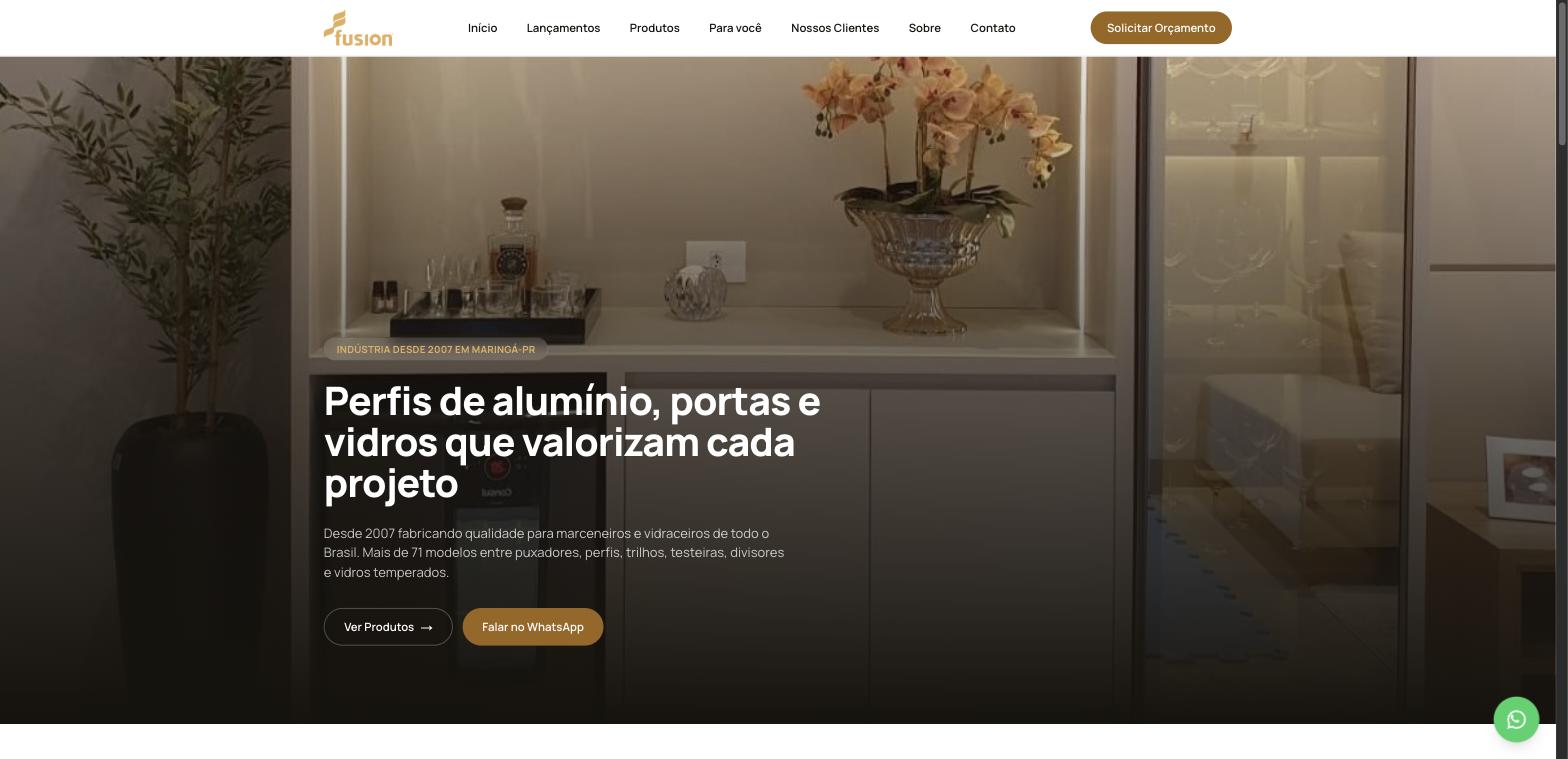 Site de Fusion Alumínios, Perfis e vidros pra marcenaria